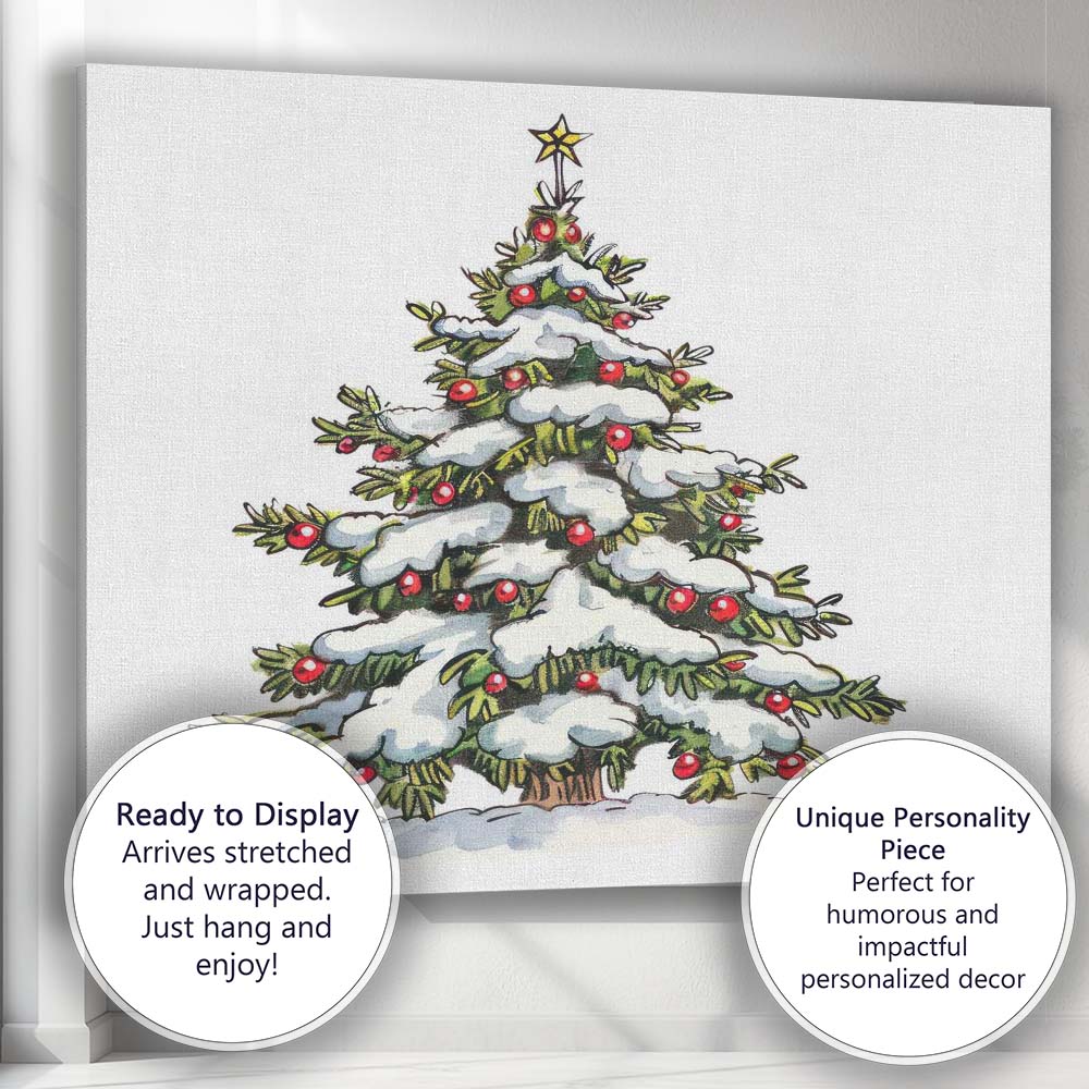 Decorated Snowy Christmas Tree Festive Winter Illustration Canvas Wall Art Print Decor Picture Ready to Hang