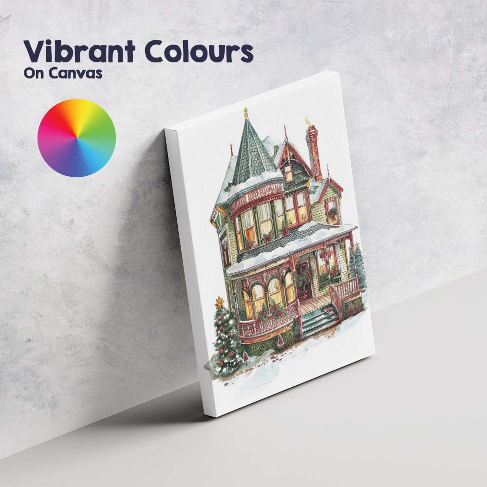 Victorian Christmas House Snowy Holiday Village Illustration Canvas Wall Art Print Decor Picture Ready to Hang