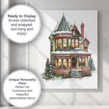 Victorian Christmas House Snowy Holiday Village Illustration Canvas Wall Art Print Decor Picture Ready to Hang