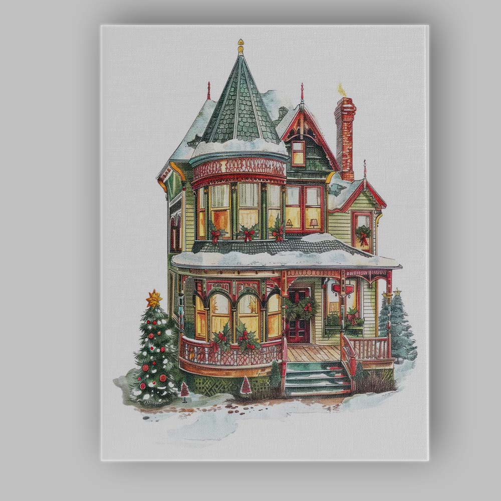 Victorian Christmas House Snowy Holiday Village Illustration Canvas Wall Art Print Decor Picture Ready to Hang