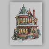 Victorian Christmas House Snowy Holiday Village Illustration Canvas Wall Art Print Decor Picture Ready to Hang