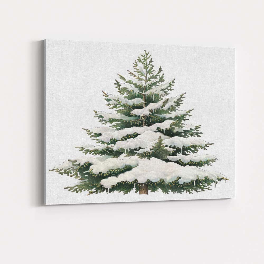 Snow Covered Evergreen Pine Tree Winter Woodland Botanical Illustration Canvas Wall Art Print Decor Picture Ready to Hang