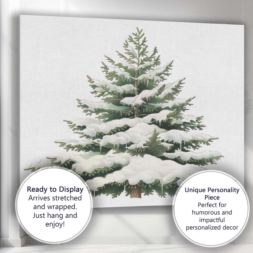 Snow Covered Evergreen Pine Tree Winter Woodland Botanical Illustration Canvas Wall Art Print Decor Picture Ready to Hang