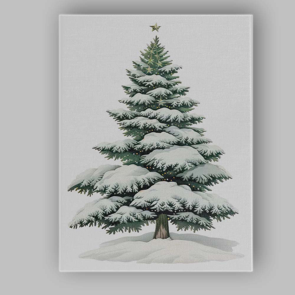 Snow Covered Festive Evergreen Tree Winter Holiday Illustration Canvas Wall Art Print Decor Picture Ready to Hang