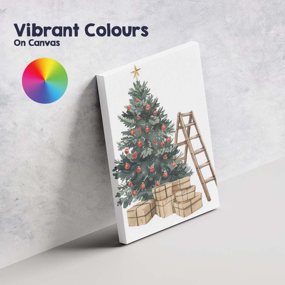 Festive Christmas Tree Red Baubles Gifts And Ladder Watercolour Canvas Wall Art Print Decor Picture Ready to Hang