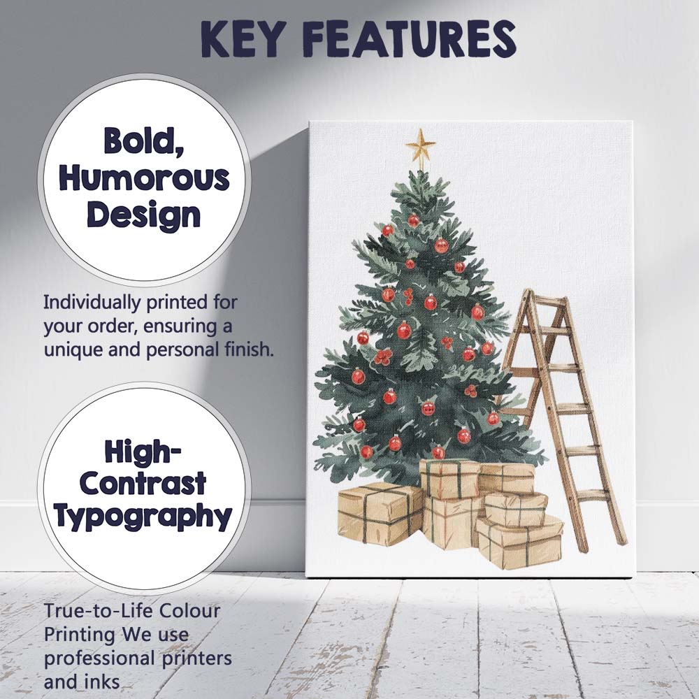Festive Christmas Tree Red Baubles Gifts And Ladder Watercolour Canvas Wall Art Print Decor Picture Ready to Hang