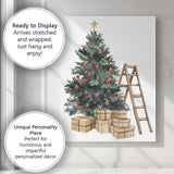 Festive Christmas Tree Red Baubles Gifts And Ladder Watercolour Canvas Wall Art Print Decor Picture Ready to Hang