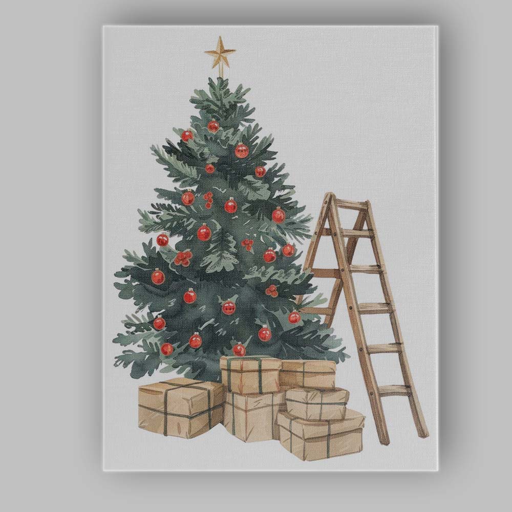 Festive Christmas Tree Red Baubles Gifts And Ladder Watercolour Canvas Wall Art Print Decor Picture Ready to Hang