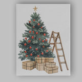 Festive Christmas Tree Red Baubles Gifts And Ladder Watercolour Canvas Wall Art Print Decor Picture Ready to Hang