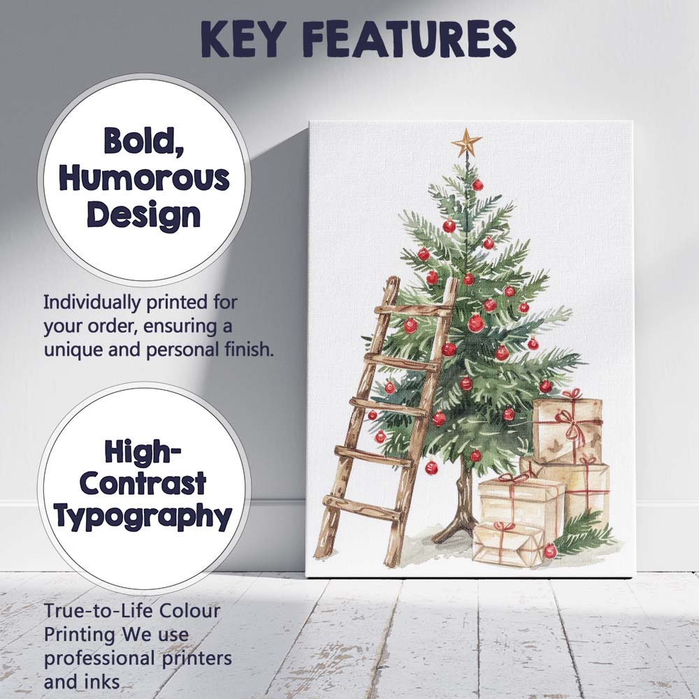 Traditional Christmas Tree With Presents Rustic Ladder Watercolour Canvas Wall Art Print Decor Picture Ready to Hang