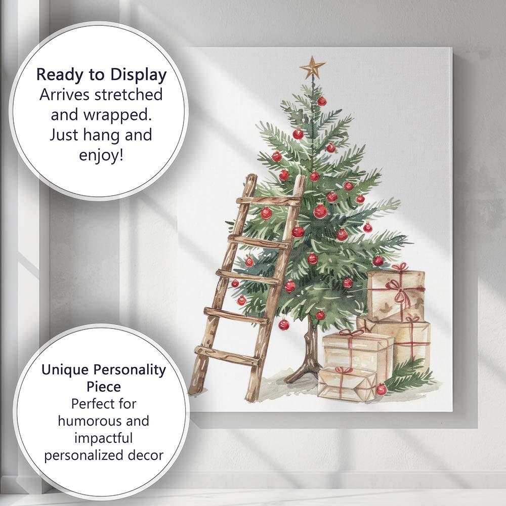 Traditional Christmas Tree With Presents Rustic Ladder Watercolour Canvas Wall Art Print Decor Picture Ready to Hang