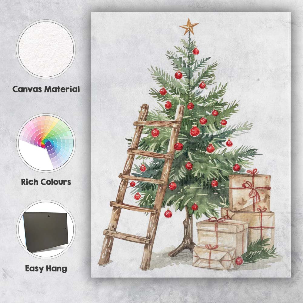Traditional Christmas Tree With Presents Rustic Ladder Watercolour Canvas Wall Art Print Decor Picture Ready to Hang