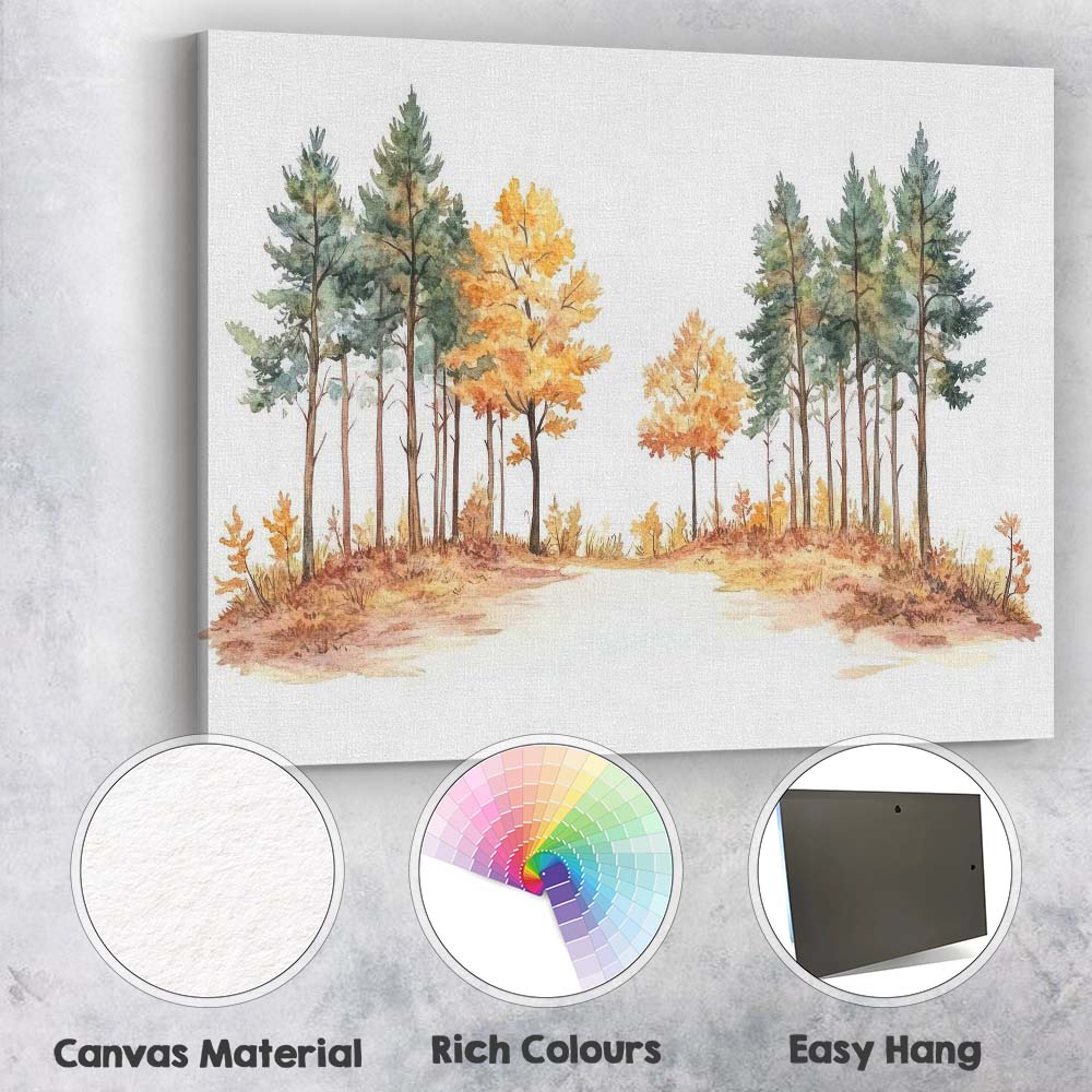 Autumn Woodland Path Watercolour Forest Landscape Nature Canvas Wall Art Print Decor Picture Ready to Hang