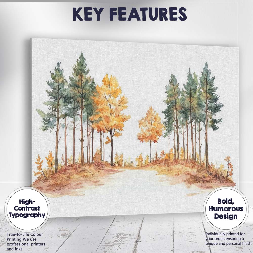 Autumn Woodland Path Watercolour Forest Landscape Nature Canvas Wall Art Print Decor Picture Ready to Hang