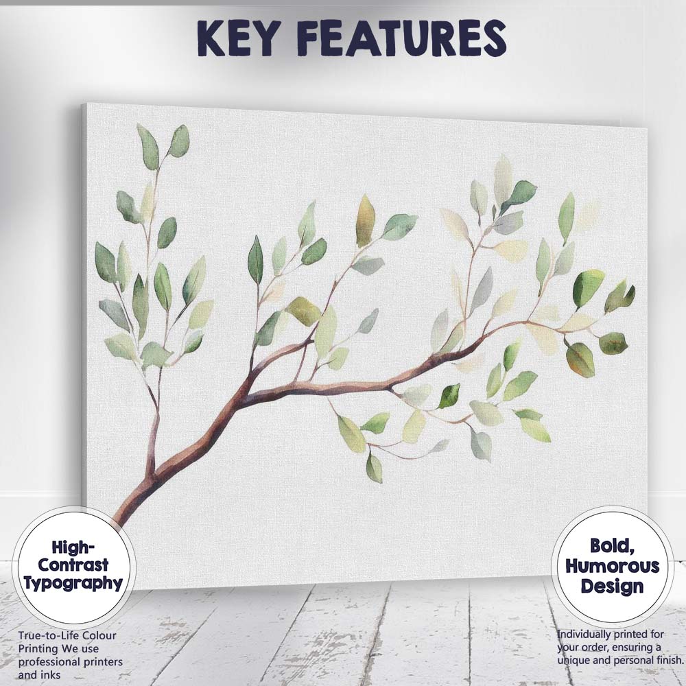 Watercolour Eucalyptus Branch Botanical Green Foliage Nature Illustration Canvas Wall Art Print Decor Picture Ready to Hang