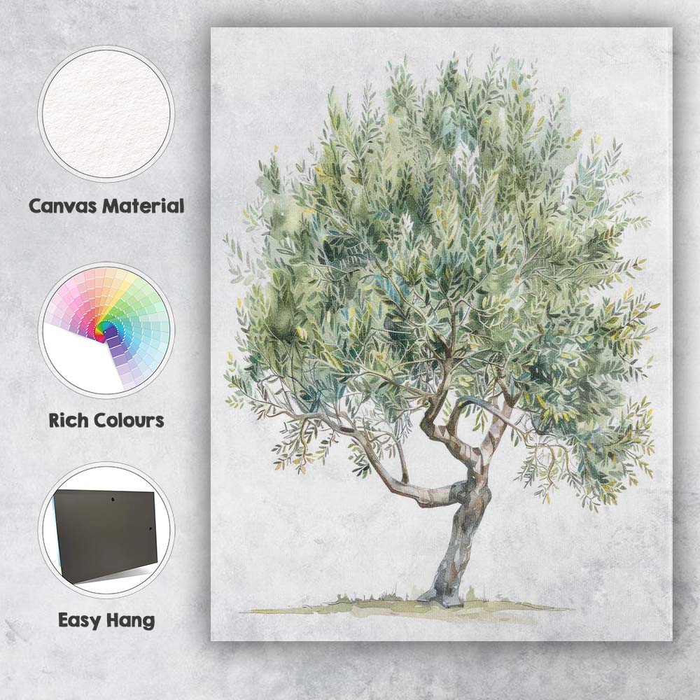 Soft Green Olive Tree Watercolour Rustic Mediterranean Landscape Canvas Wall Art Print Decor Picture Ready to Hang