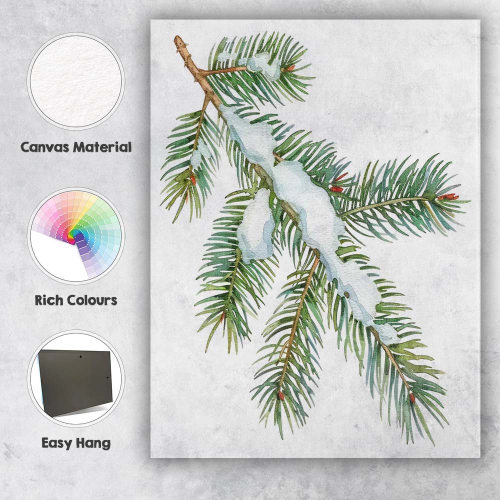 Snow Covered Fir Branch Winter Woodland Watercolour Illustration Canvas Wall Art Print Decor Picture Ready to Hang