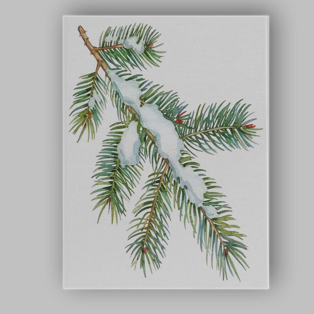 Snow Covered Fir Branch Winter Woodland Watercolour Illustration Canvas Wall Art Print Decor Picture Ready to Hang