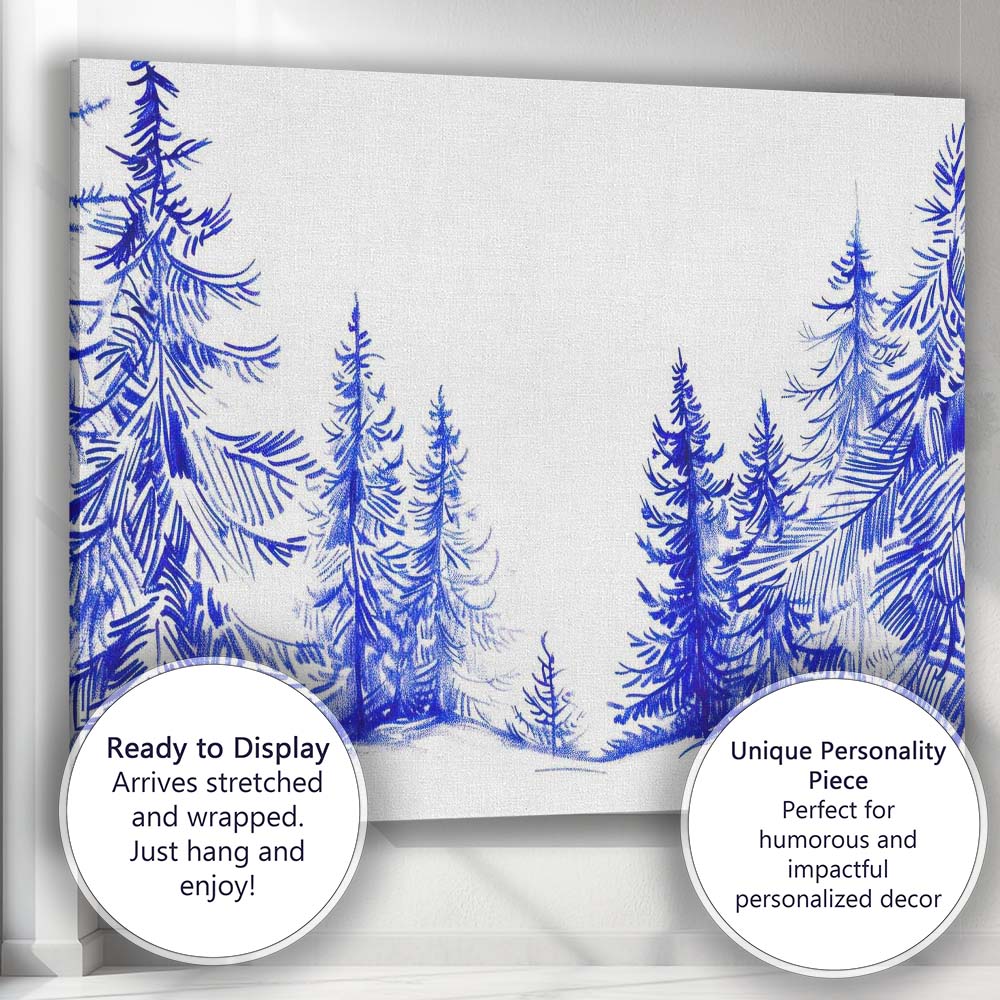 Blue Winter Forest Border Watercolour Evergreen Woodland Scene Canvas Wall Art Print Decor Picture Ready to Hang