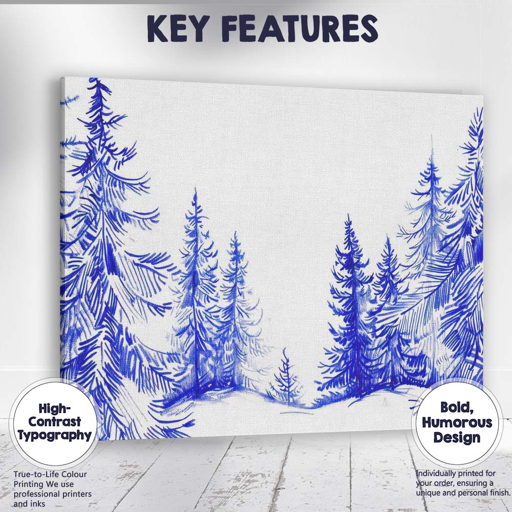 Blue Winter Forest Border Watercolour Evergreen Woodland Scene Canvas Wall Art Print Decor Picture Ready to Hang