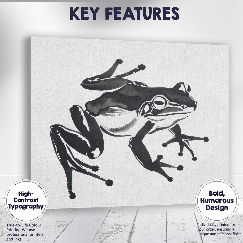 Contemporary Black Tree Frog Wildlife Illustration Artistic Nature Canvas Wall Art Print Decor Picture Ready to Hang
