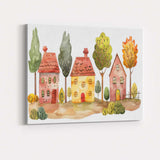 Charming Watercolour Village Houses And Trees Folk Art Illustration Canvas Wall Art Print Decor Picture Ready to Hang