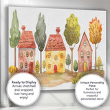 Charming Watercolour Village Houses And Trees Folk Art Illustration Canvas Wall Art Print Decor Picture Ready to Hang
