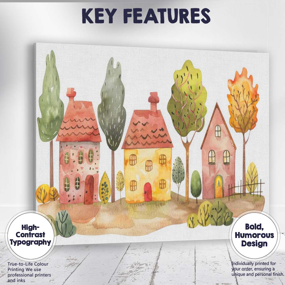 Charming Watercolour Village Houses And Trees Folk Art Illustration Canvas Wall Art Print Decor Picture Ready to Hang
