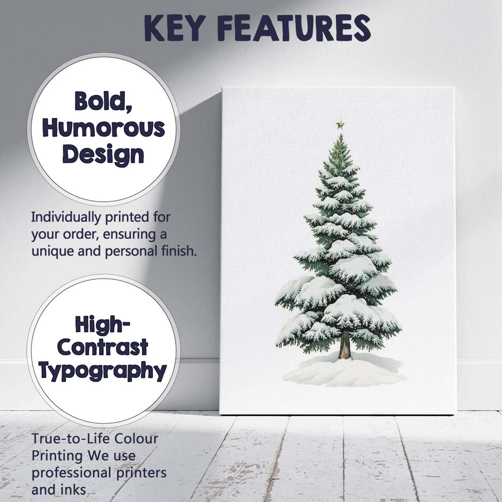 Snow Covered Christmas Fir Tree Winter Evergreen Illustration Canvas Wall Art Print Decor Picture Ready to Hang