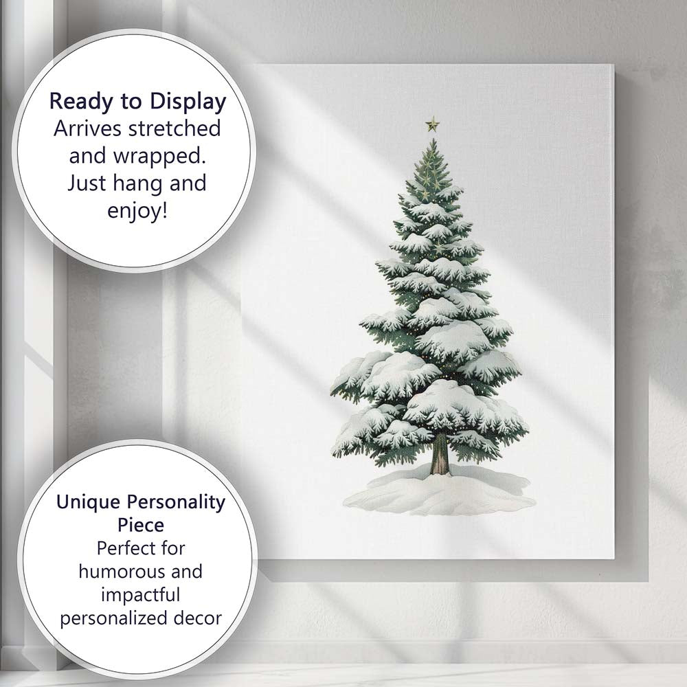 Snow Covered Christmas Fir Tree Winter Evergreen Illustration Canvas Wall Art Print Decor Picture Ready to Hang