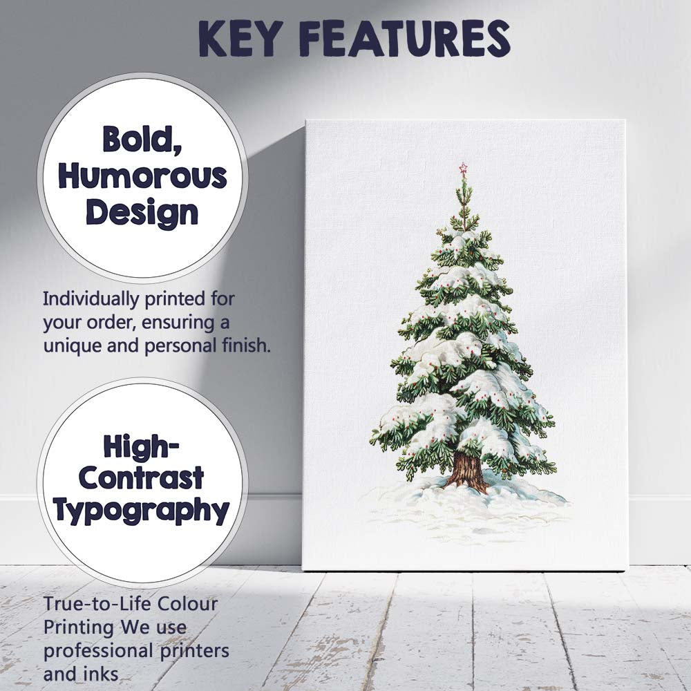 Snow Laden Festive Pine Tree Red Berry Winter Botanical Illustration Canvas Wall Art Print Decor Picture Ready to Hang