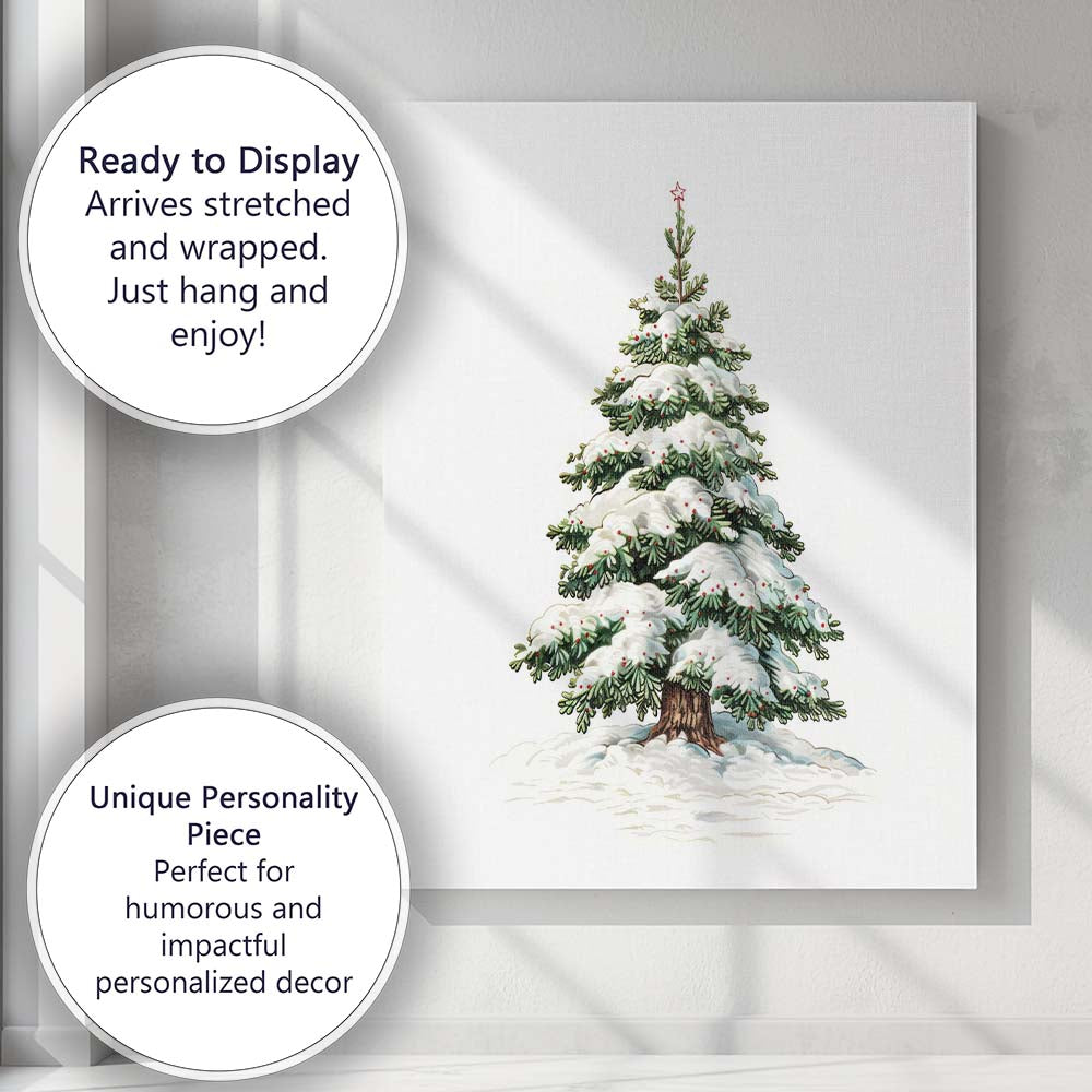 Snow Laden Festive Pine Tree Red Berry Winter Botanical Illustration Canvas Wall Art Print Decor Picture Ready to Hang