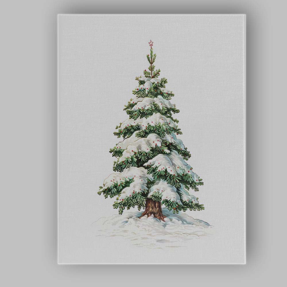 Snow Laden Festive Pine Tree Red Berry Winter Botanical Illustration Canvas Wall Art Print Decor Picture Ready to Hang