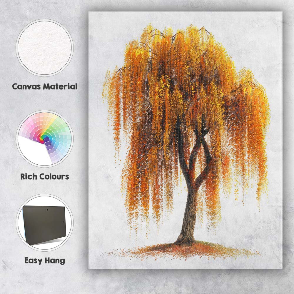Golden Weeping Willow Autumn Landscape Tree Artistic Illustration Canvas Wall Art Print Decor Picture Ready to Hang
