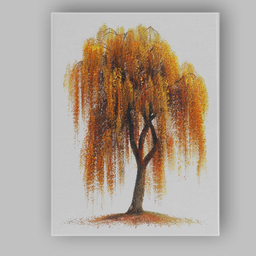 Golden Weeping Willow Autumn Landscape Tree Artistic Illustration Canvas Wall Art Print Decor Picture Ready to Hang