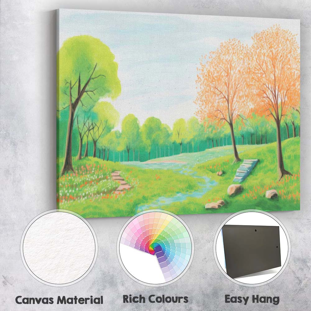 Spring Meadow Landscape Blossoming Trees Scenic Watercolour Illustration Canvas Wall Art Print Decor Picture Ready to Hang