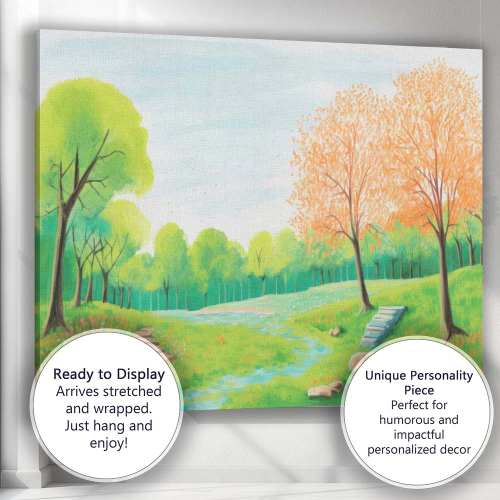 Spring Meadow Landscape Blossoming Trees Scenic Watercolour Illustration Canvas Wall Art Print Decor Picture Ready to Hang
