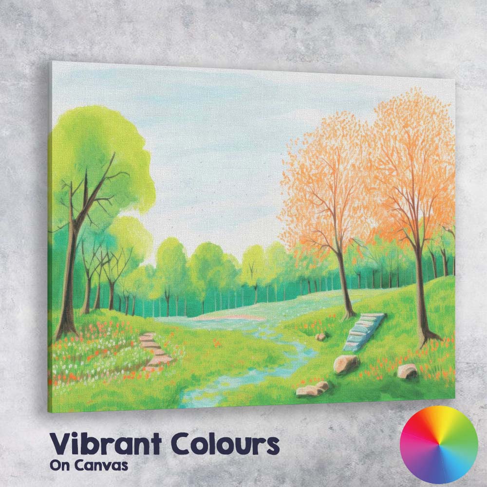 Spring Meadow Landscape Blossoming Trees Scenic Watercolour Illustration Canvas Wall Art Print Decor Picture Ready to Hang