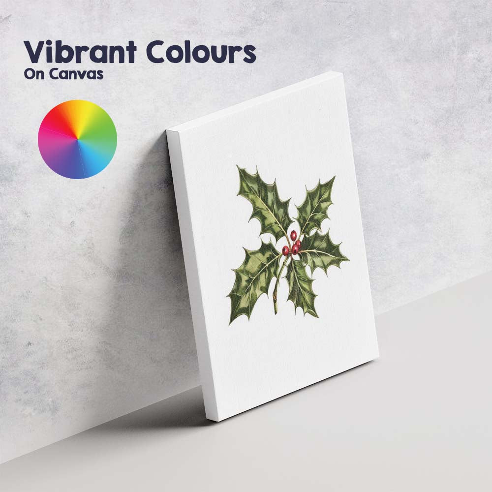 Green Holly Leaves Red Berry Botanical Christmas Illustration Canvas Wall Art Print Decor Picture Ready to Hang