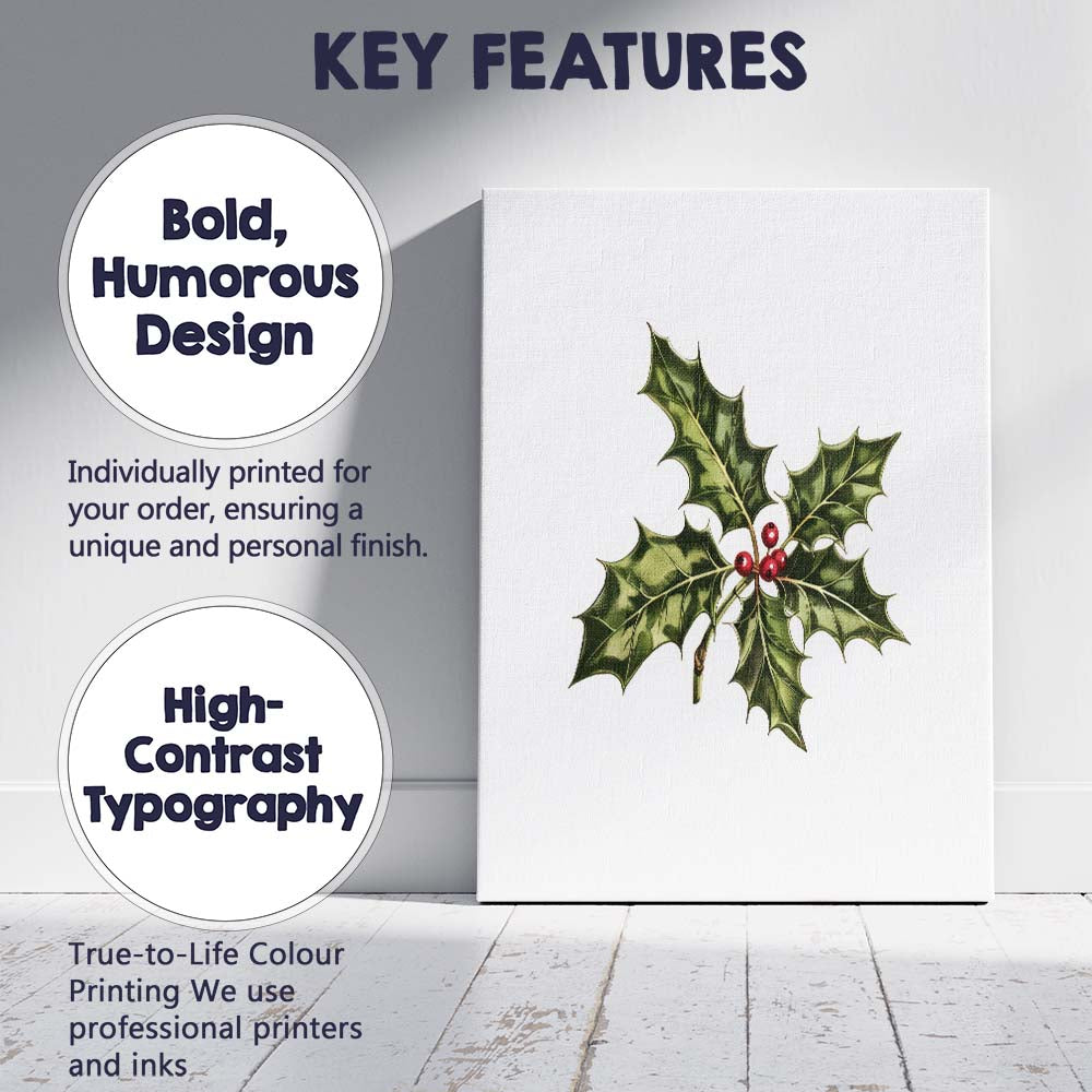 Green Holly Leaves Red Berry Botanical Christmas Illustration Canvas Wall Art Print Decor Picture Ready to Hang
