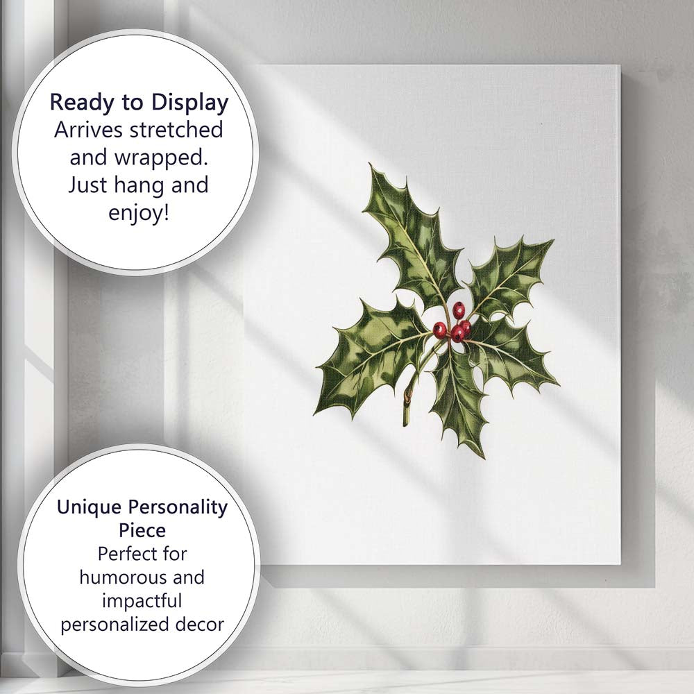 Green Holly Leaves Red Berry Botanical Christmas Illustration Canvas Wall Art Print Decor Picture Ready to Hang