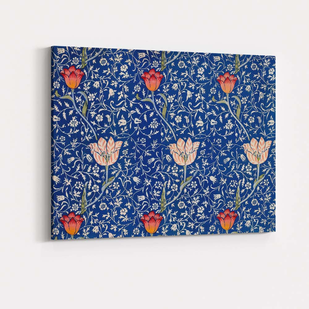 Royal Blue Arts and Crafts Floral Vine Tulip Repeat Pattern Canvas Wall Art Print Decor Picture Ready to Hang