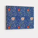 Royal Blue Arts and Crafts Floral Vine Tulip Repeat Pattern Canvas Wall Art Print Decor Picture Ready to Hang