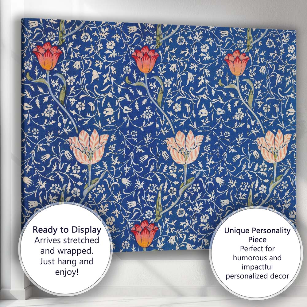 Royal Blue Arts and Crafts Floral Vine Tulip Repeat Pattern Canvas Wall Art Print Decor Picture Ready to Hang