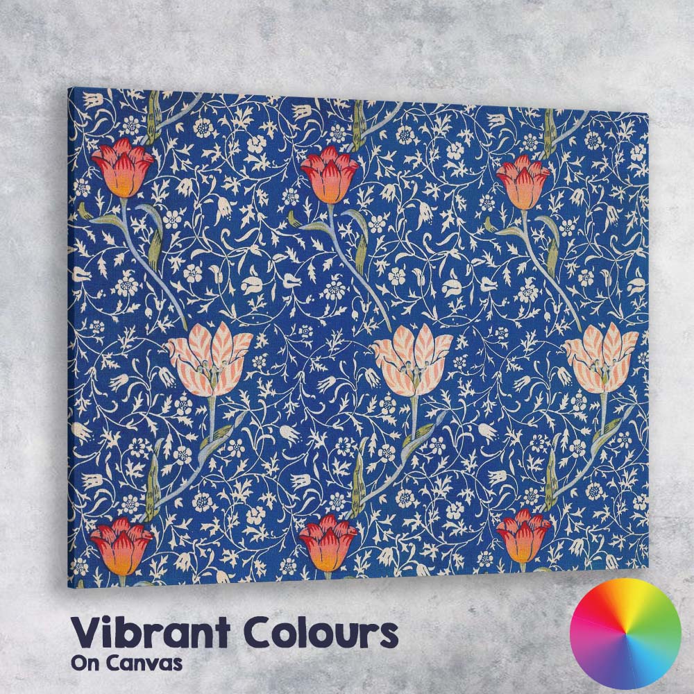 Royal Blue Arts and Crafts Floral Vine Tulip Repeat Pattern Canvas Wall Art Print Decor Picture Ready to Hang