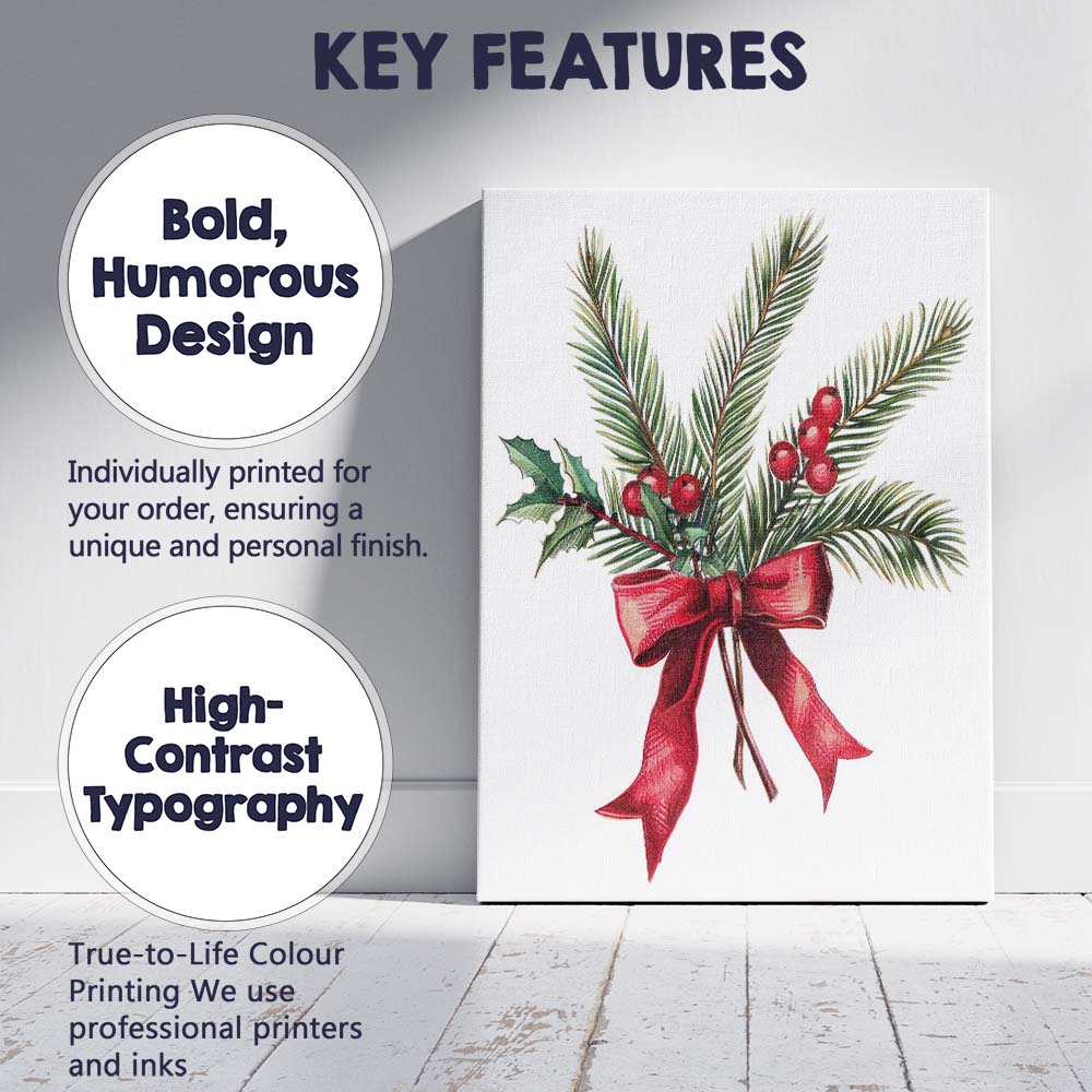 Classic Christmas Evergreen Holly Berries Red Ribbon Arrangement Canvas Wall Art Print Decor Picture Ready to Hang