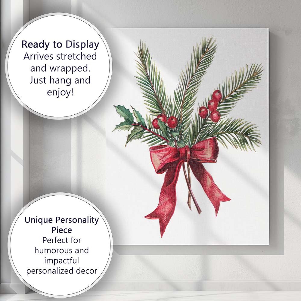 Classic Christmas Evergreen Holly Berries Red Ribbon Arrangement Canvas Wall Art Print Decor Picture Ready to Hang