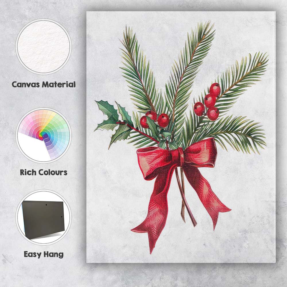 Classic Christmas Evergreen Holly Berries Red Ribbon Arrangement Canvas Wall Art Print Decor Picture Ready to Hang