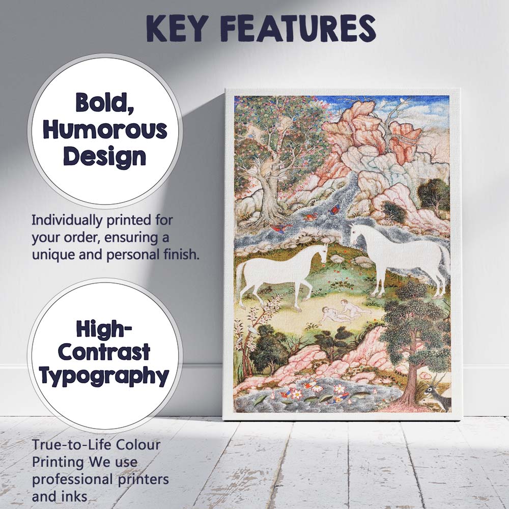 Persian Miniature Unicorn Garden Fantasy Landscape Painting Canvas Wall Art Print Decor Picture Ready to Hang
