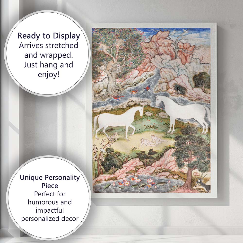 Persian Miniature Unicorn Garden Fantasy Landscape Painting Canvas Wall Art Print Decor Picture Ready to Hang